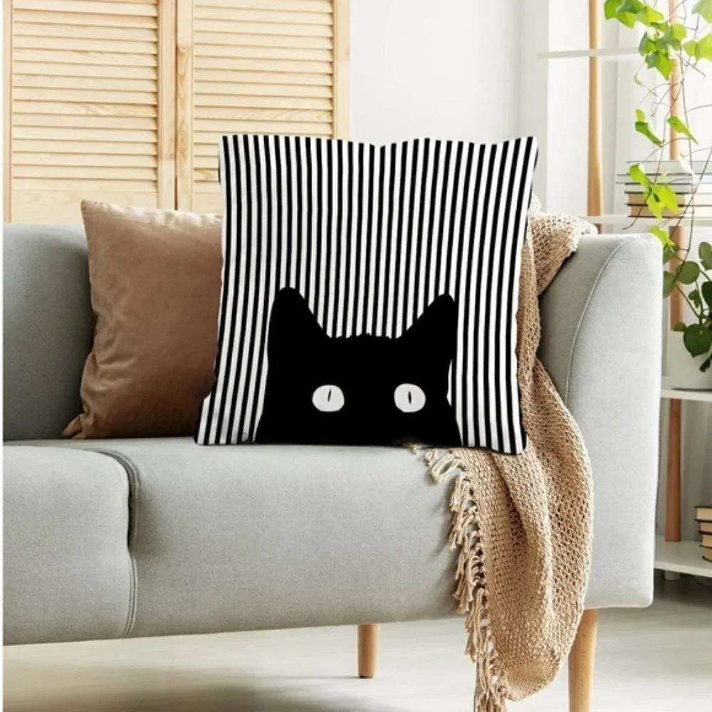 Cat Theme Pillow Cover Zippered Decorative Square Black White 17.7 in X 17.7 in